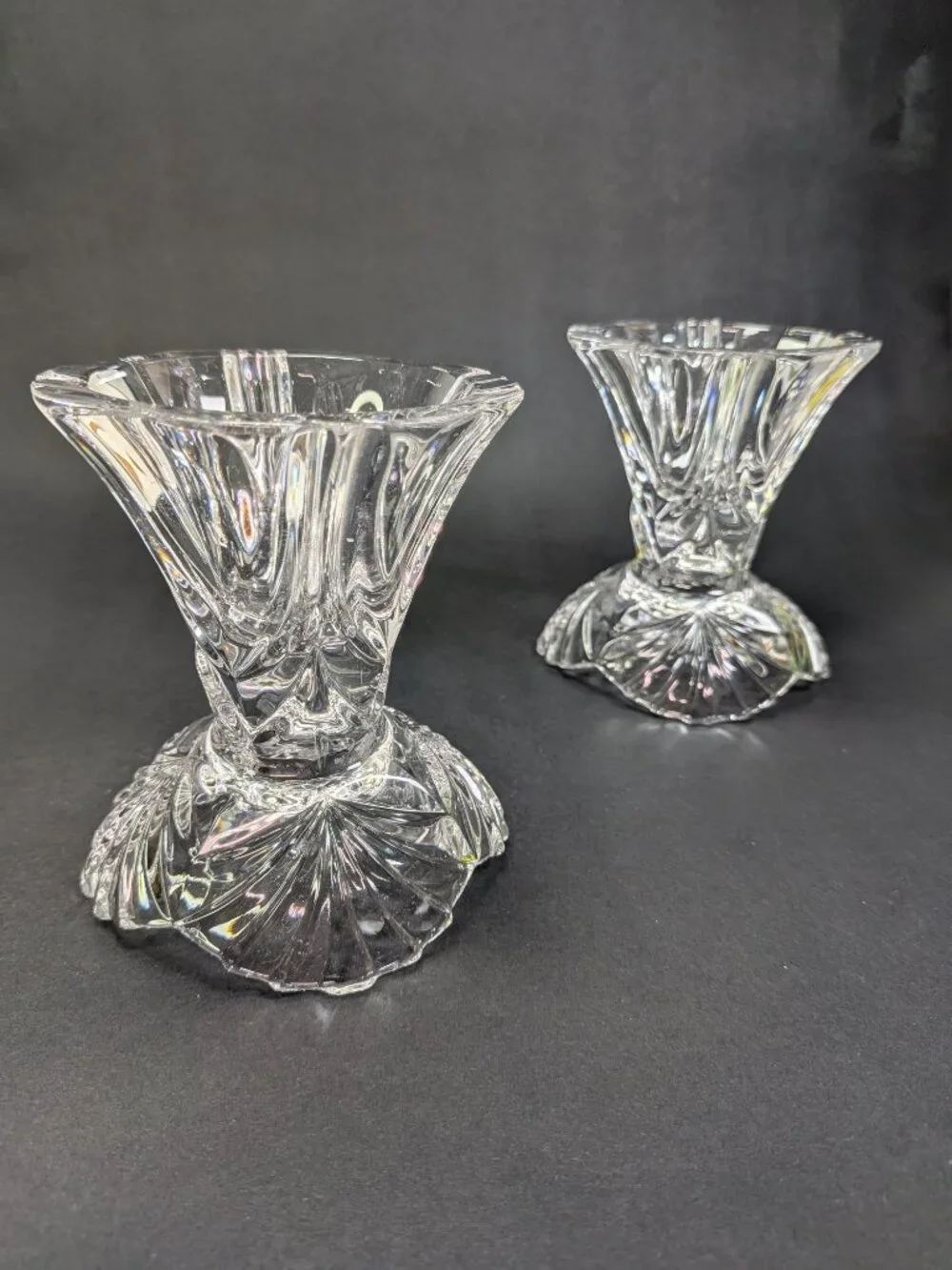 VTG 60s Crystal Reversible Candle Holders Dual Taper Rose Bowl Set of 2 Rings